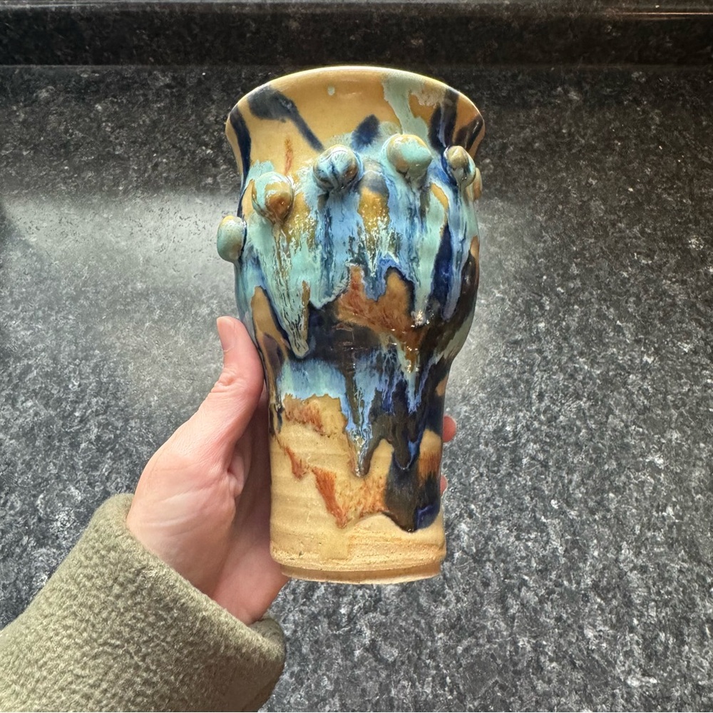 Handcrafted Ceramic Blue Drip Glaze Vase - Blue and Tan with Bubble Accent